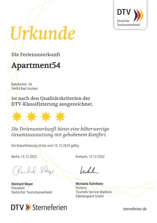 Certifikát, hodnocení, plakát nebo jiný dokument vystavený v ubytování Apartment 54 - Ferienwohnung Bad Arolsen