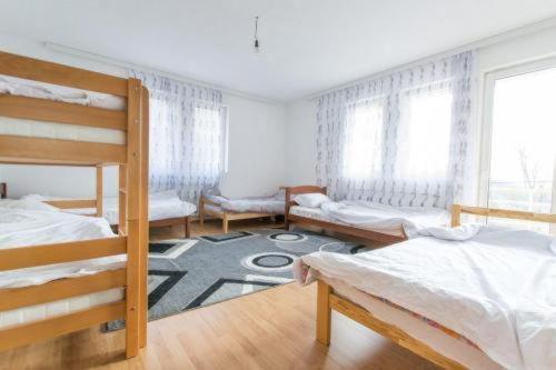 a bedroom with two bunk beds and a rug at Dedushi Guesthouse &Wood cabins-Camping place in Gusinje