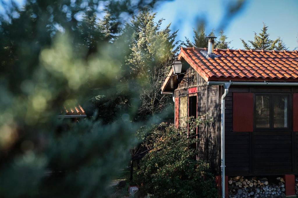 una casa con techo de baldosas rojas y árboles en Casa Rural La Canadiense Log Cabin, en Buenache de la Sierra