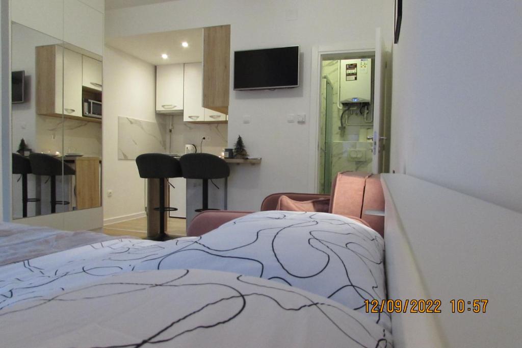 a room with a bed and a living room with a kitchen at Studio apartman Oboj Maksimir in Zagreb