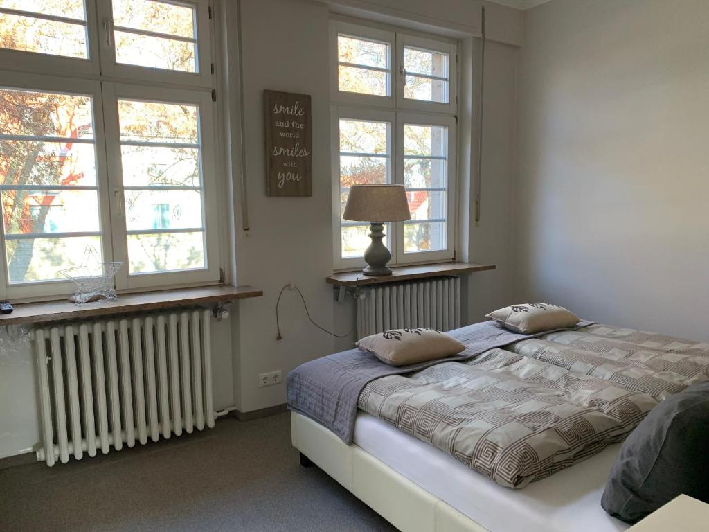 a bedroom with a bed and two windows at Apartmenthaus Villa Lindenbühl in Mühlhausen