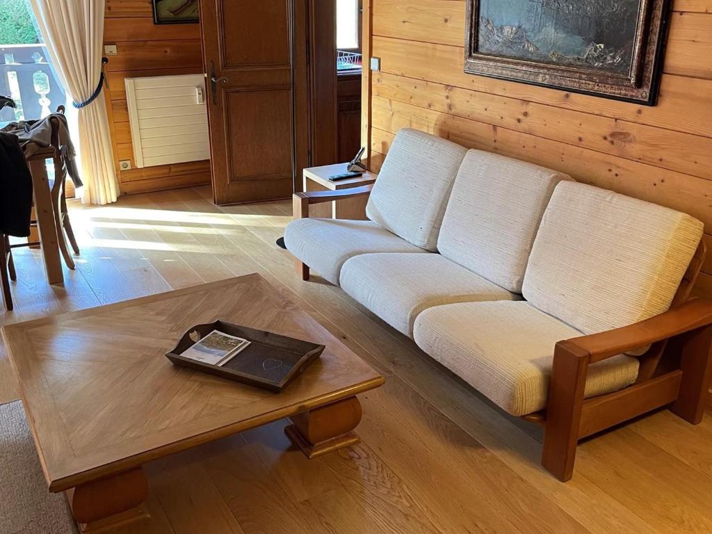 un salon avec un canapé et une table dans l'établissement Appartement confortable à Megève - 2 chambres, balcon, parking, Wifi, accès direct pistes de ski - FR-1-453-48, à Megève