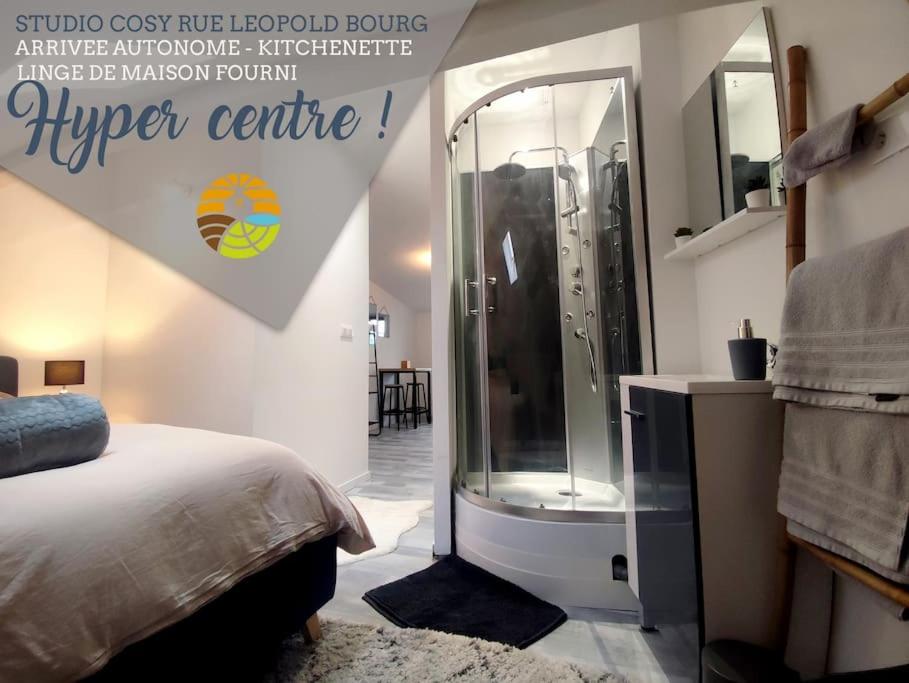 a bathroom with a shower and a bed in a room at Studio rue Leopold bourg in Épinal