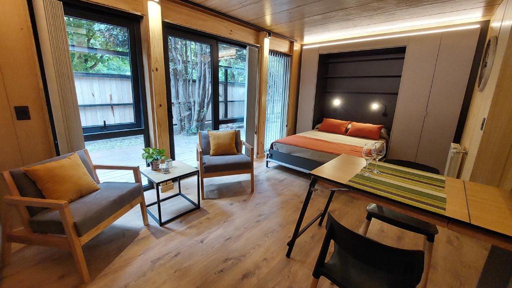 Habitación de hotel con cama, escritorio y habitación en Monoambiente cálido y modernoso con amplio jardín en el centro de SMA. 2V5 en San Martín de los Andes