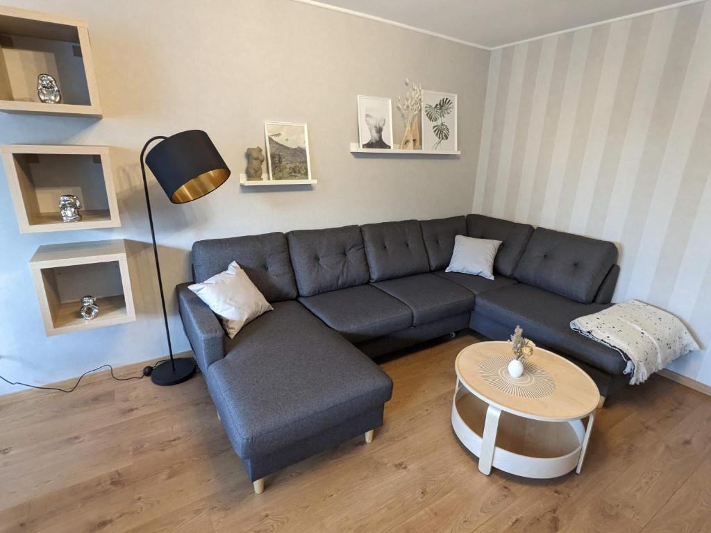 ein Wohnzimmer mit einem blauen Sofa und einem Tisch in der Unterkunft Bis zu 6 Personen, Bahnhofs- & Zentrumsnah, Südheide, Netflix und PS4 in Celle