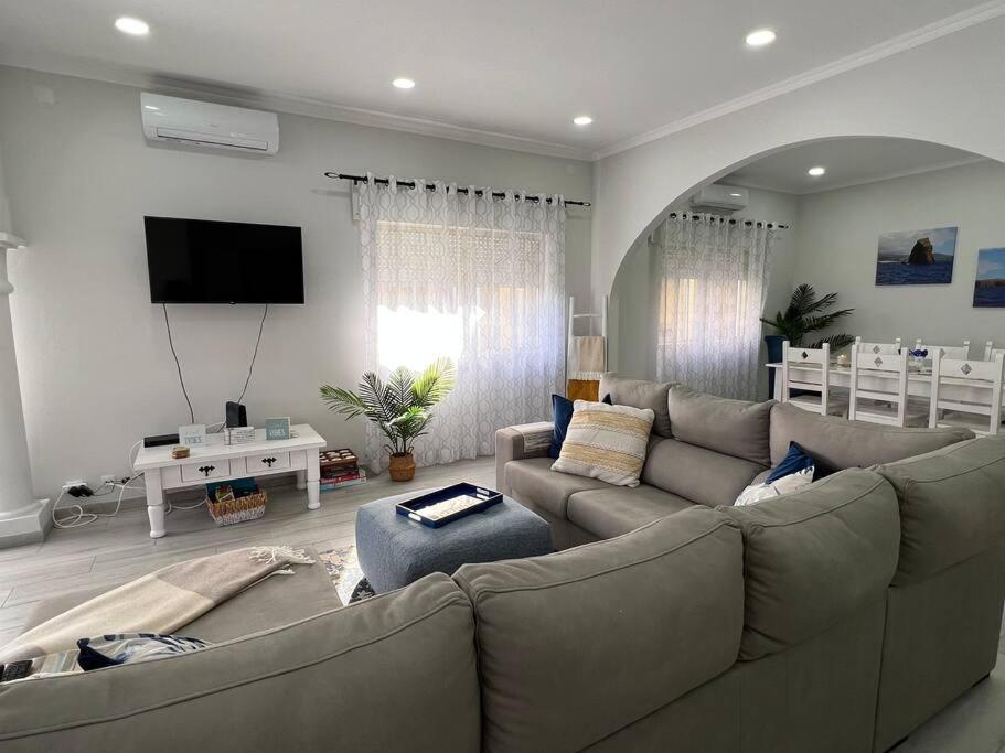 ein Wohnzimmer mit einem Sofa und einem TV in der Unterkunft Casa das Palmeiras - Res. of Elizabete and Fatima in Horta