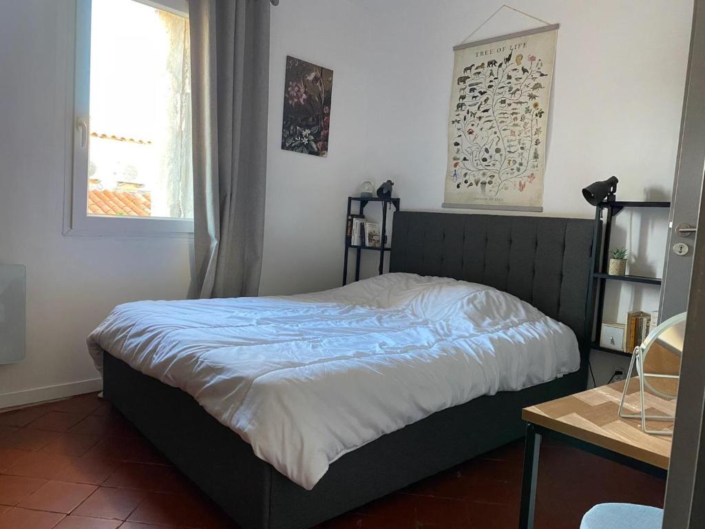 1 dormitorio con cama con sábanas azules y ventana en La Maison Du Parc 1er étage, en Balaruc-les-Bains