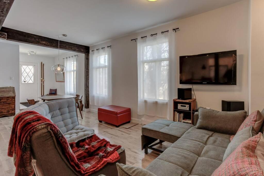 a living room with two couches and a flat screen tv at FUNCTIONAL AND COZY APARTMENT - CITE LIMOILOU in Quebec City