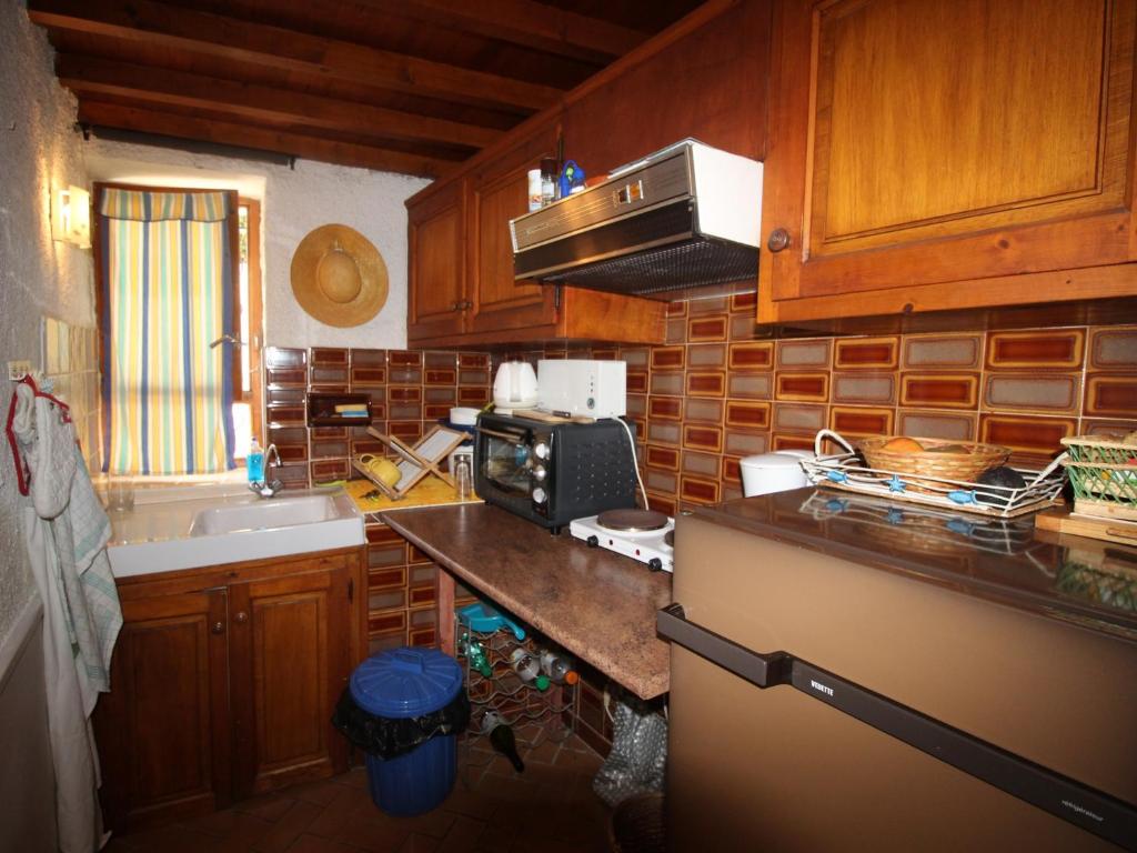 a kitchen with wooden cabinets and a counter top at Studio Collioure, 2 pièces, 4 personnes - FR-1-309-153 in Collioure