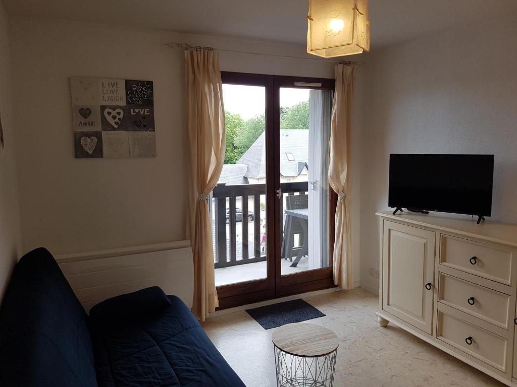 a living room with a couch and a tv and a window at Appartement Cabourg, 2 pièces, 4 personnes - FR-1-487-194 in Cabourg