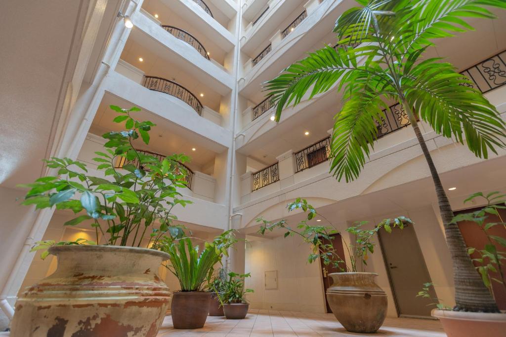 una habitación con un montón de plantas en ollas en Libre Garden Hotel, en Naha