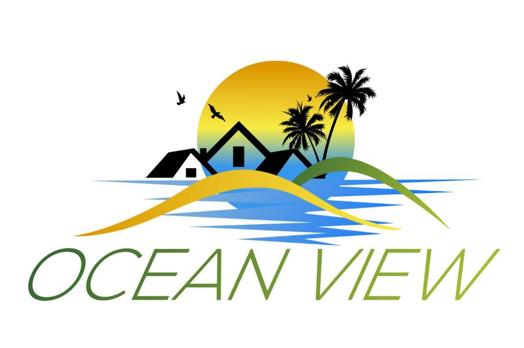 a logo for a resort in the ocean with a house and palm trees at Ocean View Guesthouse in São Tomé