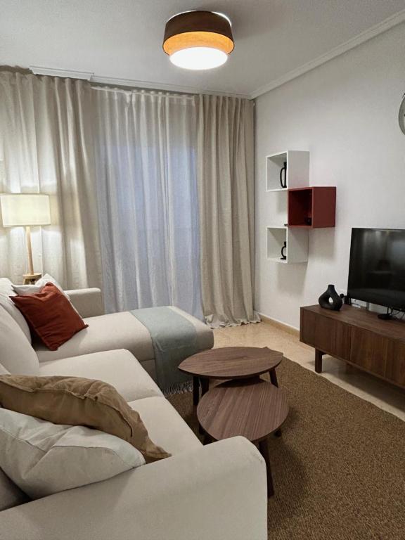 sala de estar con sofá y TV en Apartamentos Palangres, en Torrevieja