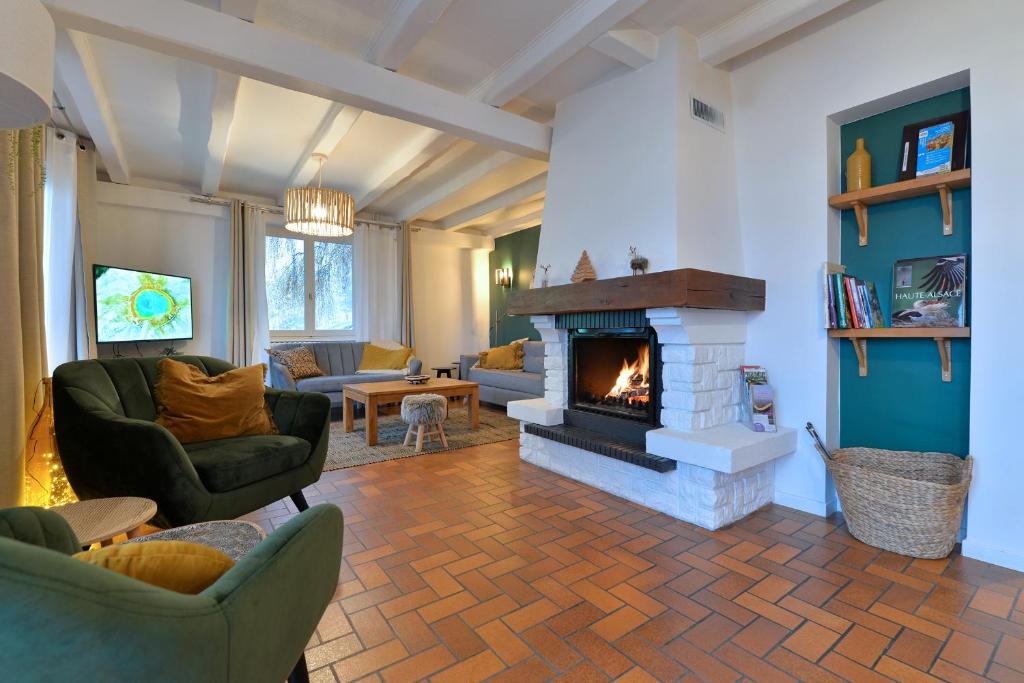 A l'Oree du Bois في لابروتشه: غرفة معيشة مع موقد وأريكة