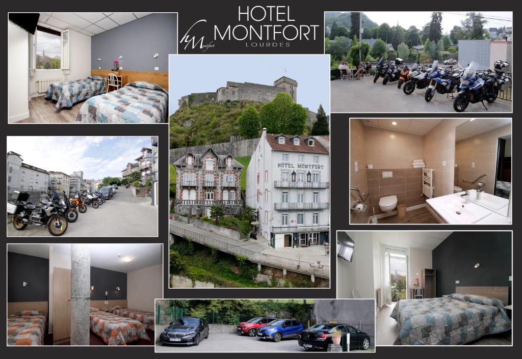 a collage of photos of a hotel room at Hôtel Montfort in Lourdes