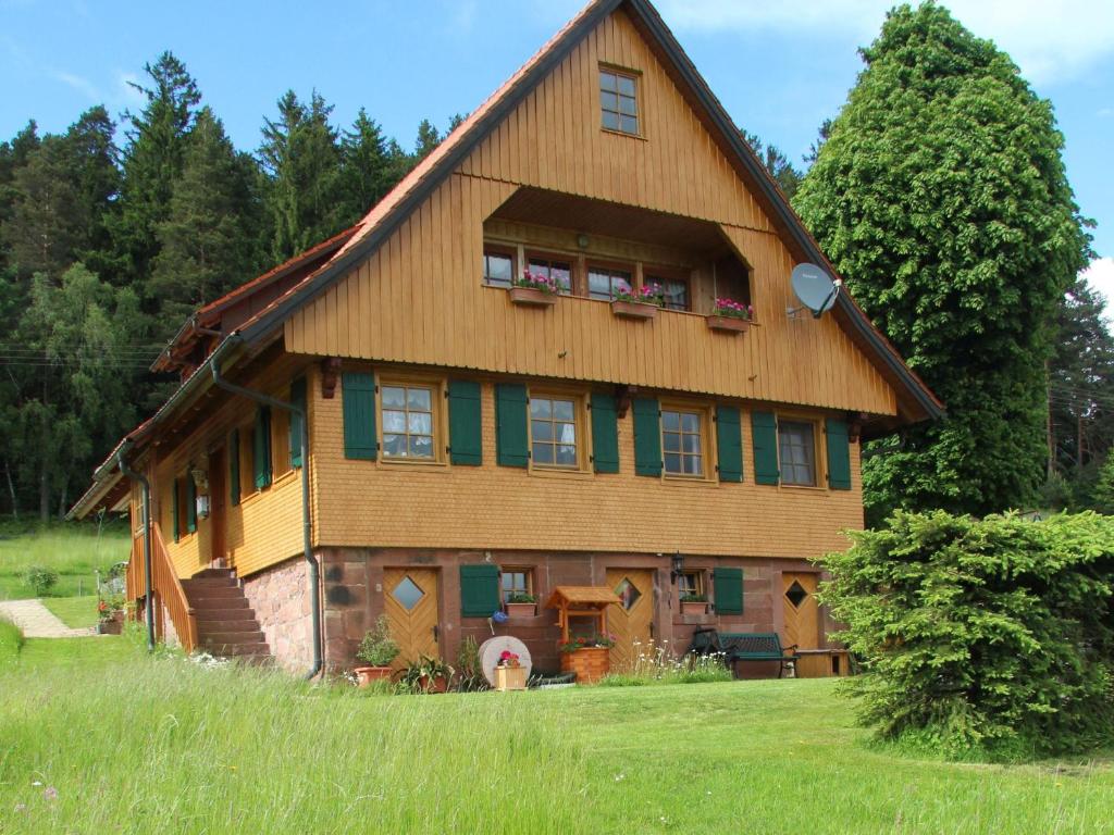 a large wooden house with green shuttered windows at Ferienhof Kienbronnerhof in Schiltach