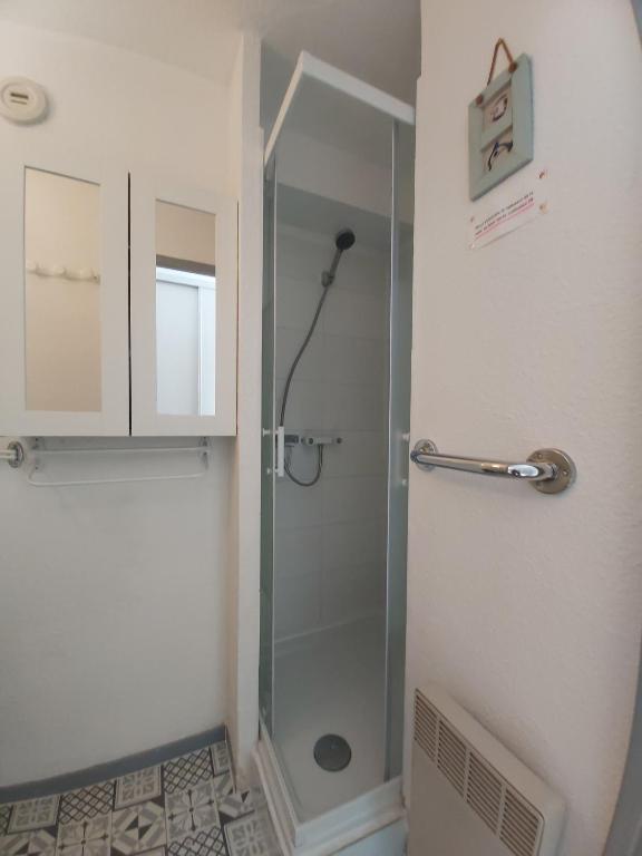 a shower with a glass door in a bathroom at Luz St Sauveur, Appartement 3 personnes, vue montagne, exposé sud, Résidence très calme in Luz-Saint-Sauveur