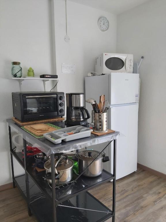 a kitchen cart with a microwave and a refrigerator at Luz St Sauveur, Appartement 3 personnes, vue montagne, exposé sud, Résidence très calme in Luz-Saint-Sauveur