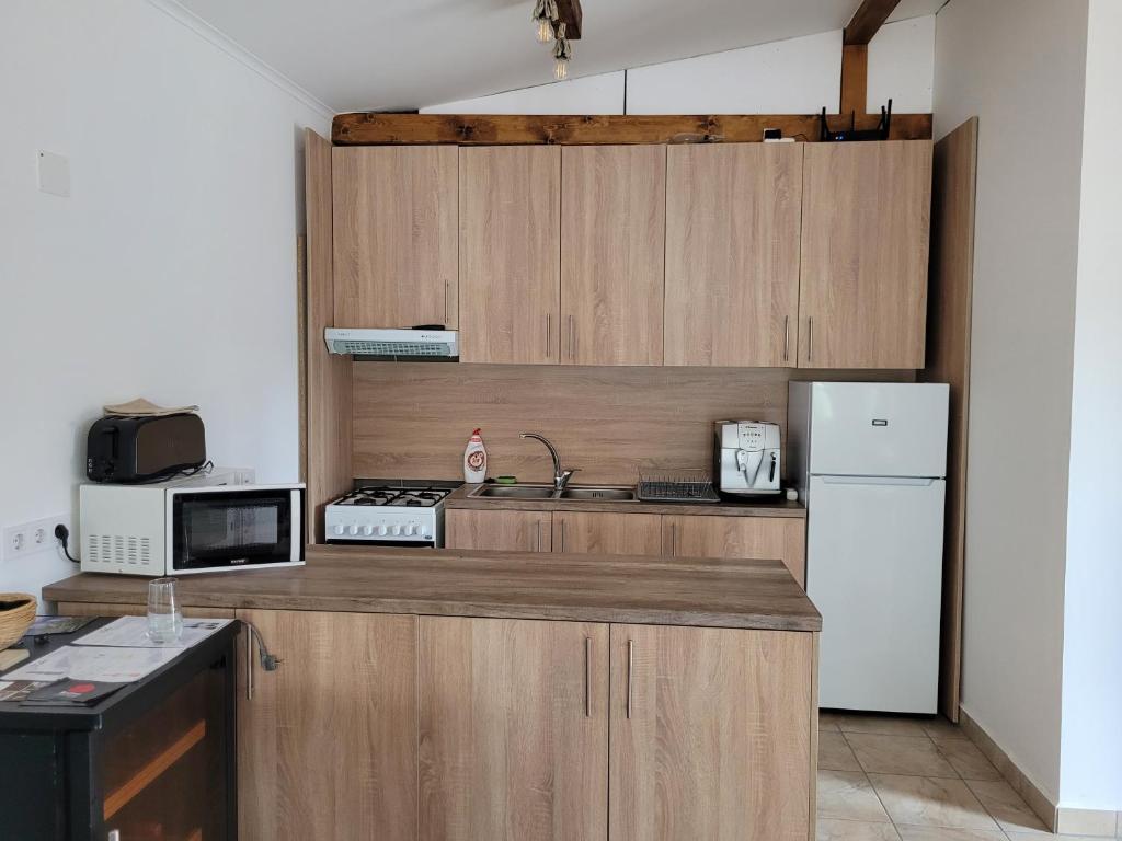 a kitchen with wooden cabinets and a white refrigerator at Végvári Vendégház in Magyarbóly