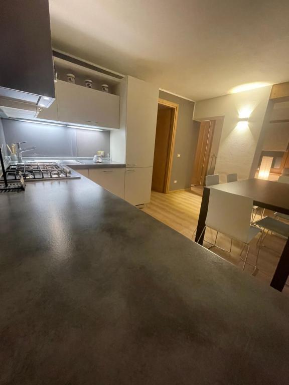 een grote keuken en eetkamer met een tafel en stoelen bij Appartamento Serenella in Pontagna