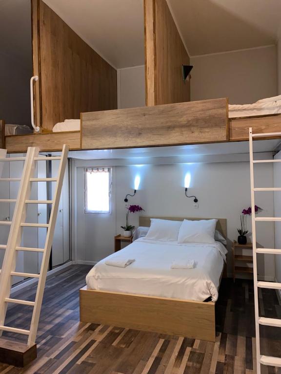um quarto com um beliche e uma escada em Gîte Amazonia em Dijon