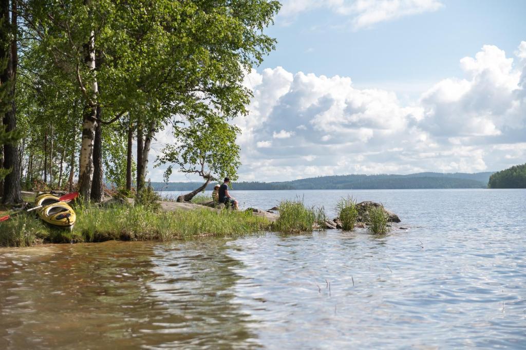 a person sitting on the shore of a lake at Suvituuli | Paajoen Vuokramökit in Himos