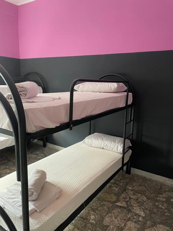 2 letti a castello in una camera con pareti rosa di Alexander hostel a Napoli