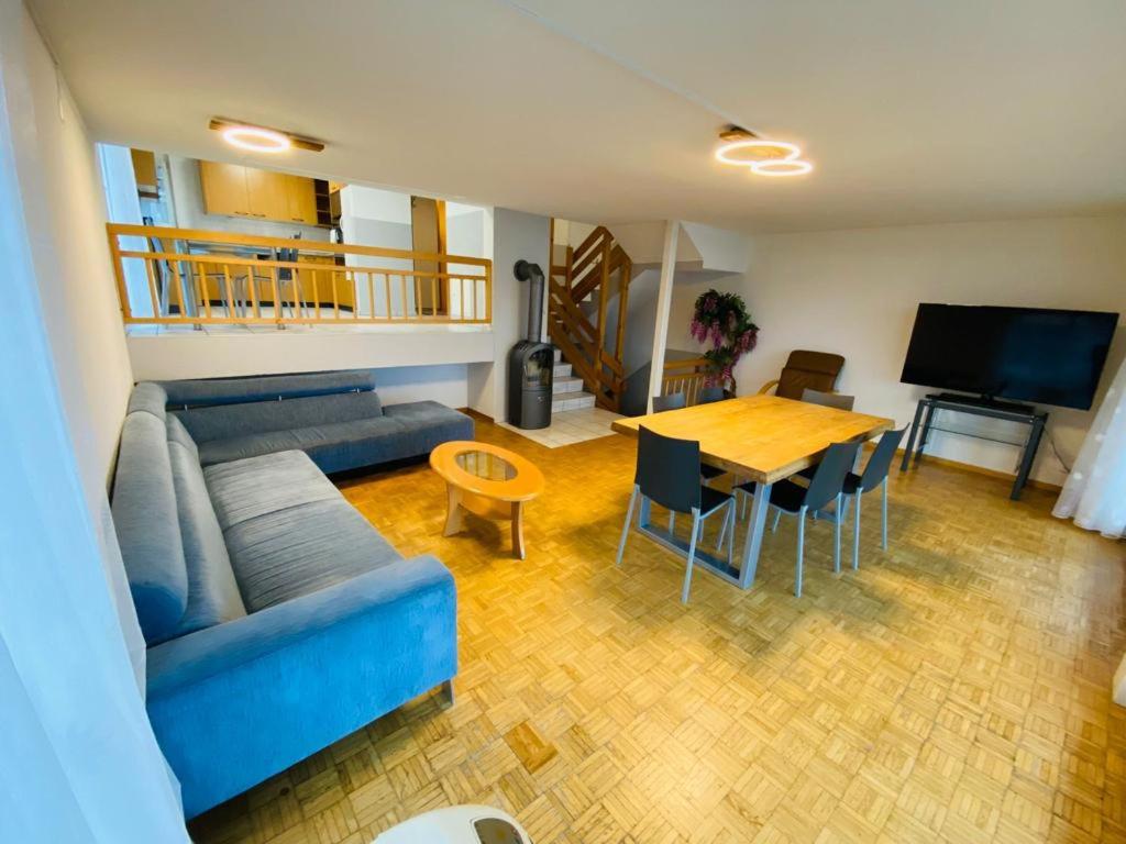 ein Wohnzimmer mit einem blauen Sofa und einem Tisch in der Unterkunft Lake View Apartment - 12 in Niederried