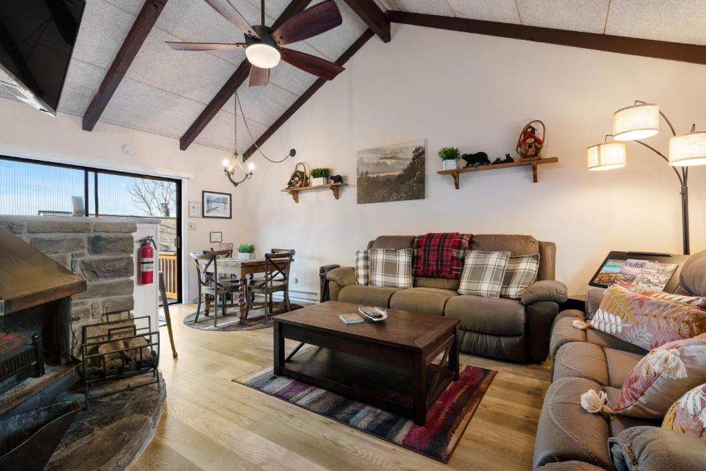Bear's Loft في بيتش ماونتن: غرفة معيشة مع كنب ومدفأة