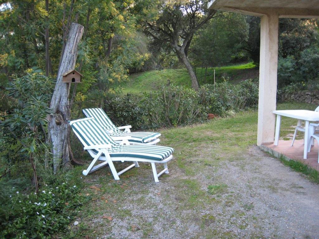 2 chaises blanches assises à côté d'un kiosque dans l'établissement Charmant T3 avec Terrasse et Jardin, Quartier Super Cavalaire, Parking Inclus - FR-1-100-183, à Cavalaire-sur-Mer