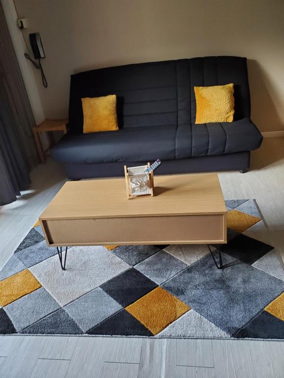 uma sala de estar com um sofá e uma mesa de centro em Agréable appartement-Résidence Le Panoramic em Les Angles