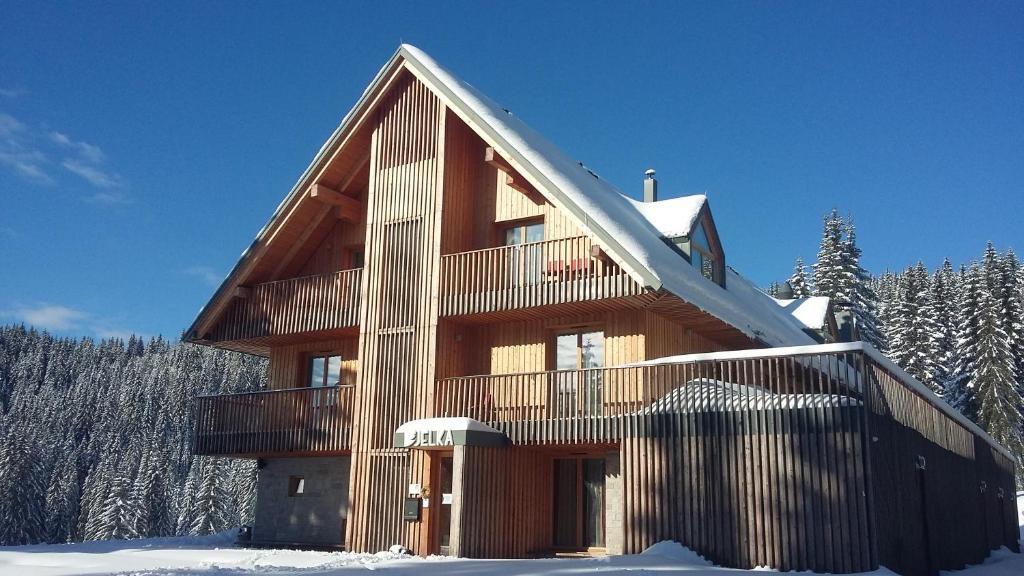 un grand bâtiment en bois avec de la neige au sol dans l'établissement Hotel Jelka Pokljuka, à Podjelje