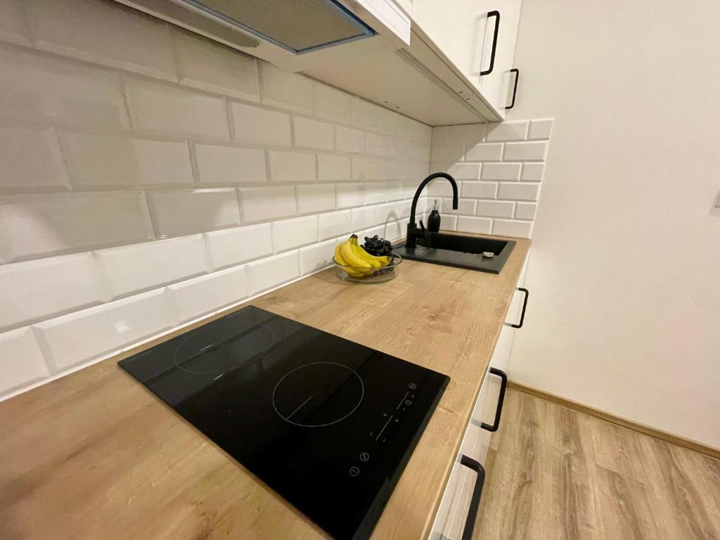 kuchnia ze zlewem i bananami na ladzie w obiekcie Historic Center Brno Apartment w mieście Brno