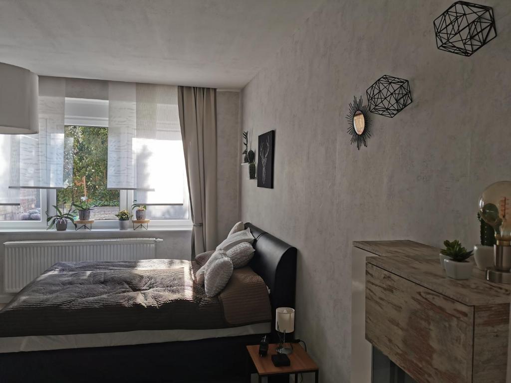 1 dormitorio con cama y ventana en Ferienwohnung Luise, en Naumburg