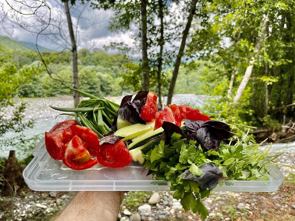 a person holding a plastic tray with vegetables on it at Квартира в Агудзере in Agudzera