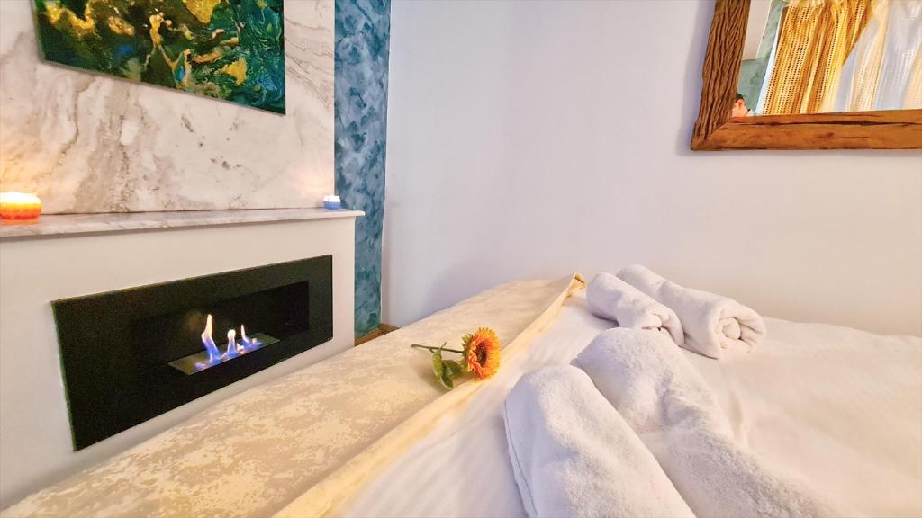 a bedroom with a bed with a fireplace at Royal mansion in Unirii Square in Cluj-Napoca