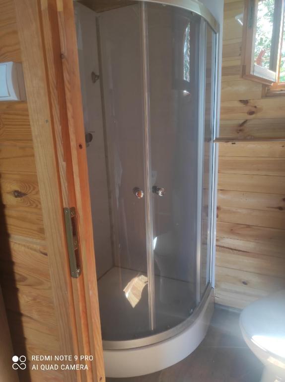 eine Dusche im Bad mit einer Holzwand in der Unterkunft Noclegi Nowe Warpno in Nowe Warpno