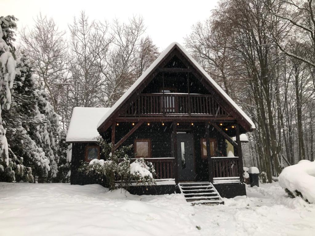 una cabaña de madera en la nieve con nieve en Domek Pod Lasem 