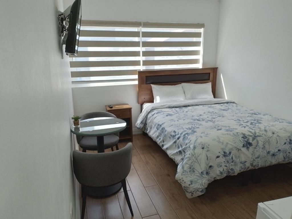 康塞普西翁TinyApartments - estudio pleno centro Concepción的一间卧室，里面有一张床、一把椅子和一扇窗户