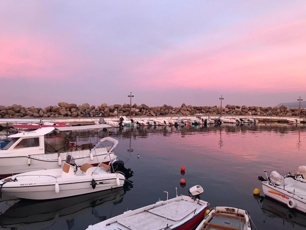 un gruppo di imbarcazioni è ormeggiato in un porto turistico di Artemis Apartments a Diakopto