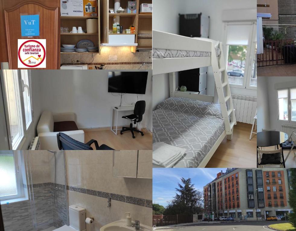 een collage van foto's van een slaapkamer en een slaapzaal bij Precioso apartamento con patio in Zamora