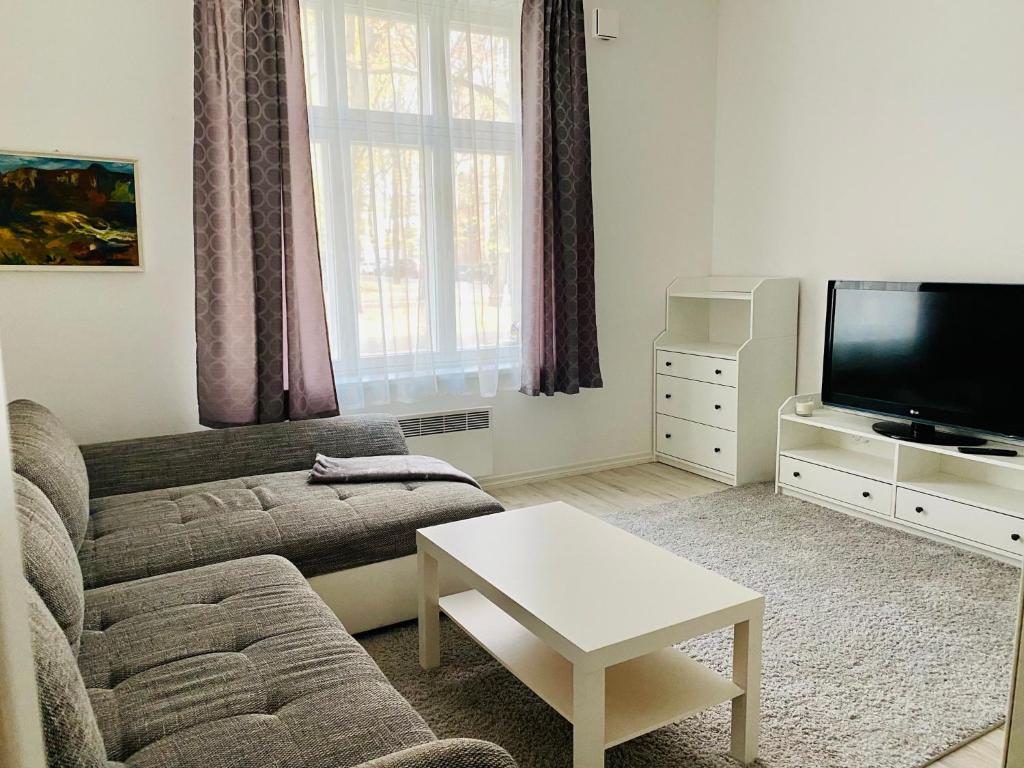 a living room with a couch and a tv at Lovely apartment with parking on closed premises. in Pärnu
