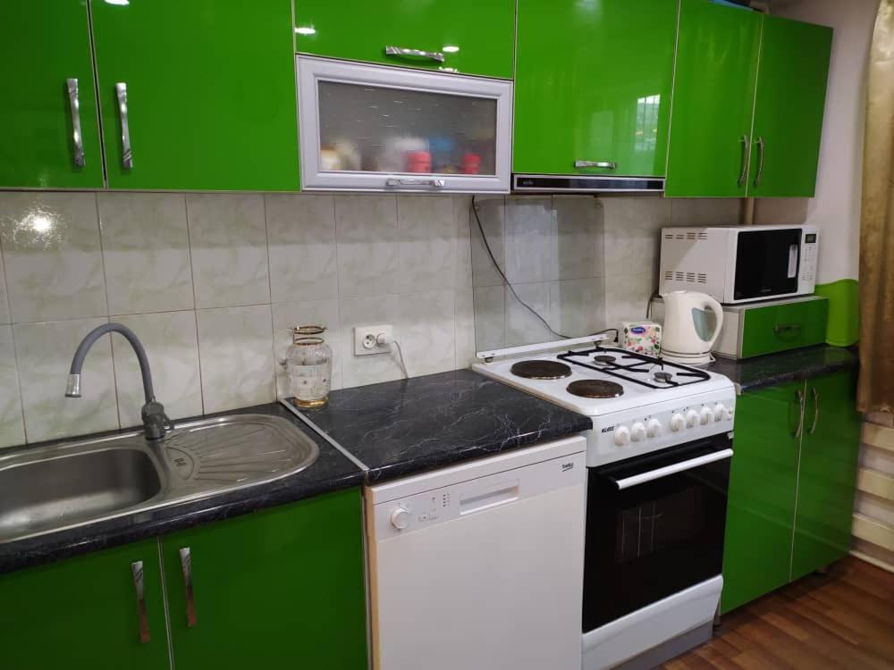 a green kitchen with a stove and a sink at SunRay Guest House-Hostel in Karakol