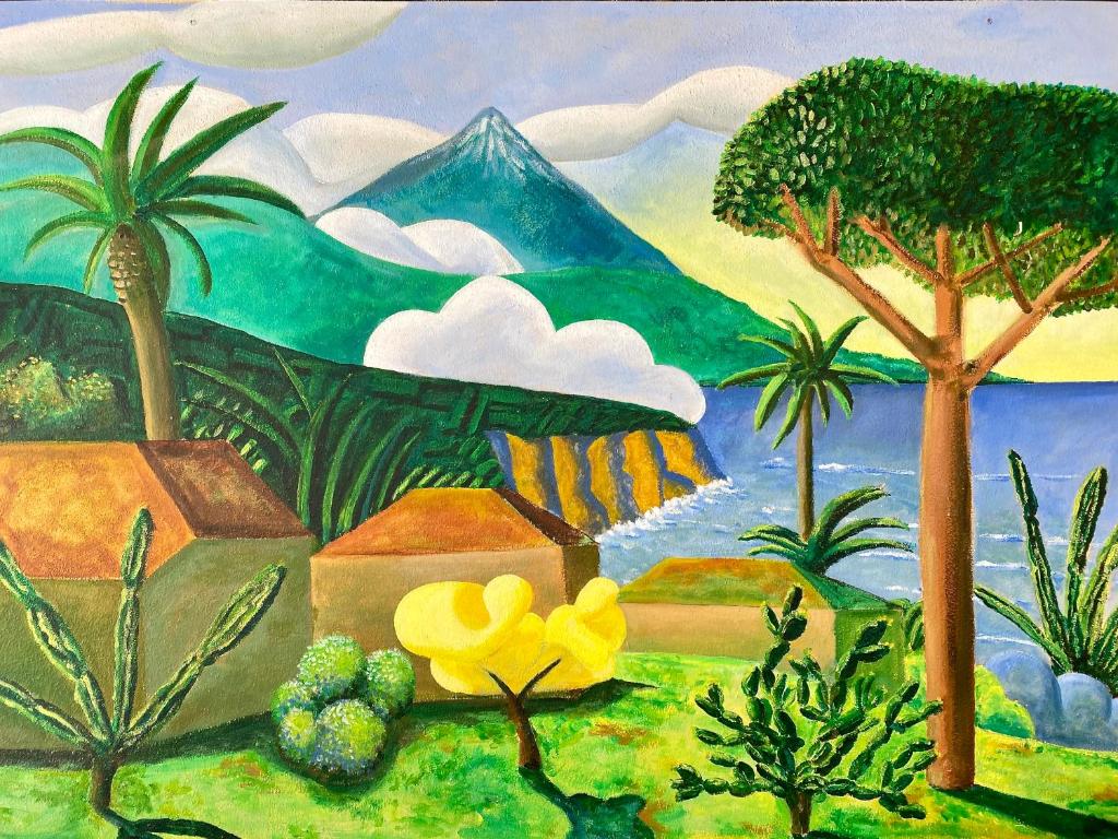 een schilderij van een landschap met palmbomen en een berg bij Relax and enjoy with a view of El Teide and sea in Puerto de Santiago