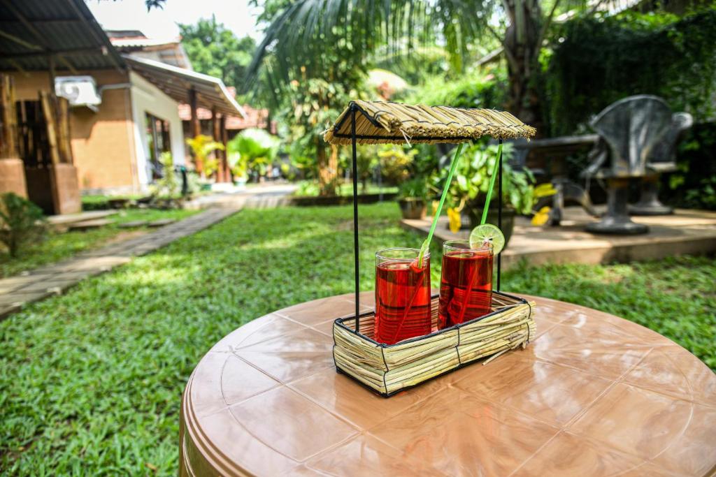 una mesa con dos bebidas rojas en una bandeja en Clay House, en Udawalawe