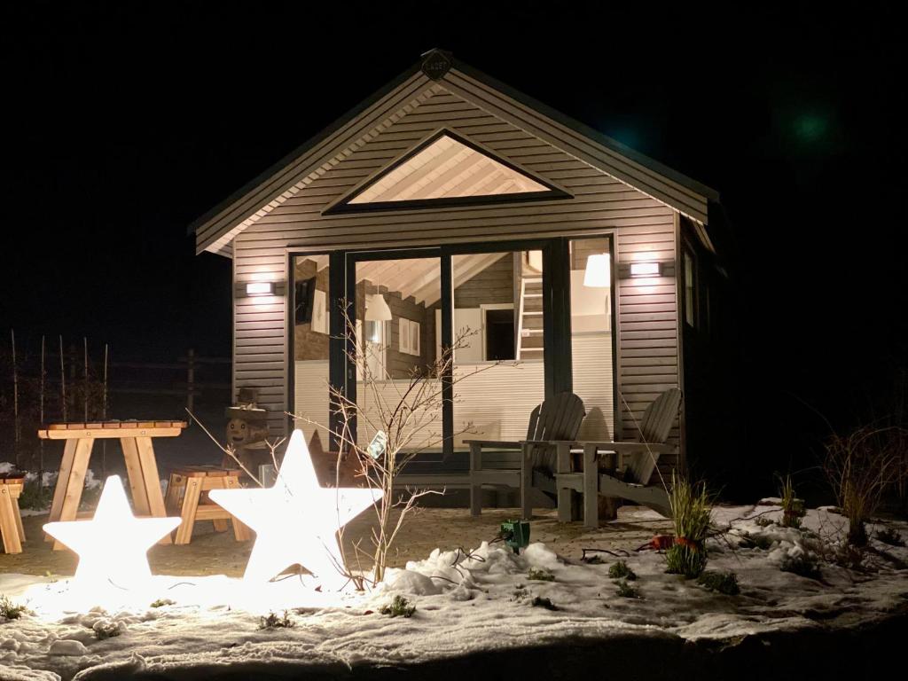 维林根Sauerland-Häuschen Kleine Auszeit的夜晚在雪中星星的小小屋