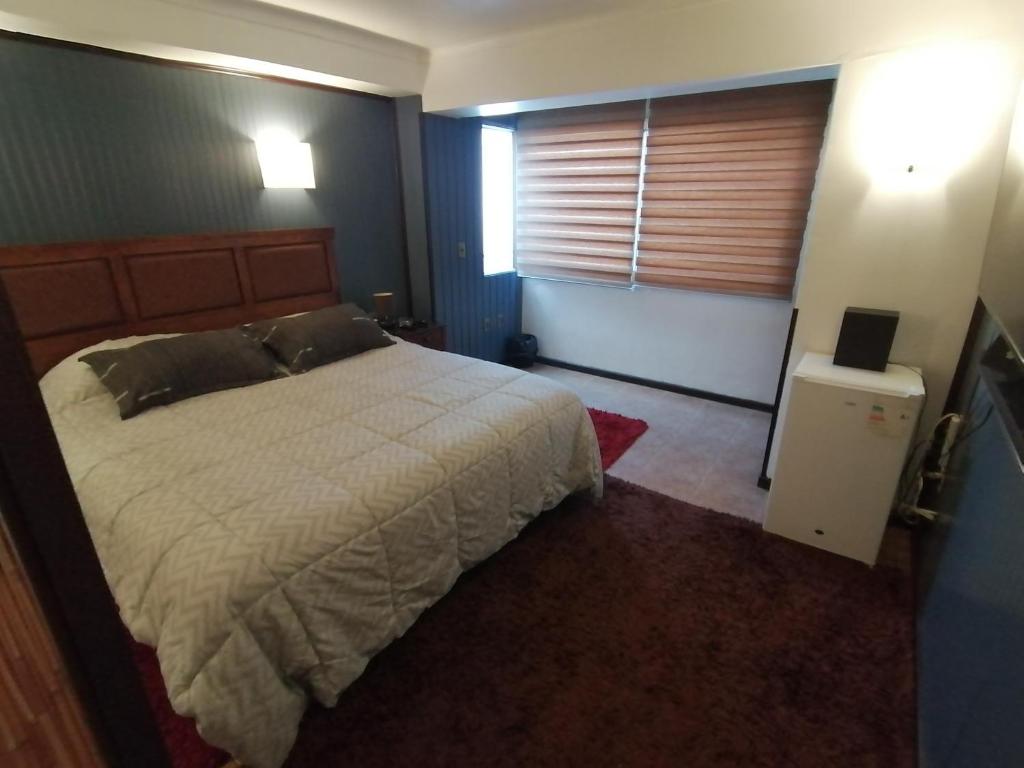 Un dormitorio con una cama grande y una ventana en Hostal Santa, en Concepción
