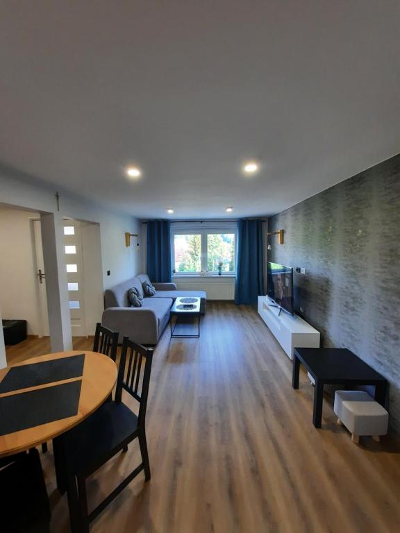 ein Wohnzimmer mit einem Sofa und einem Tisch in der Unterkunft Orlicka Apartament in Duszniki-Zdrój