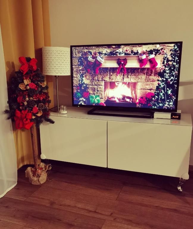 Televízia a/alebo spoločenská miestnosť v ubytovaní Apartament Olecko Centrum