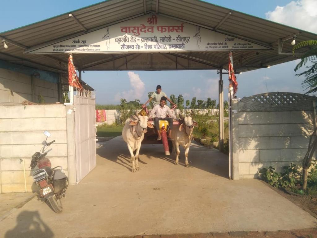 a group of people riding on donkeys exiting a garage at Shri Vasudev Farms 